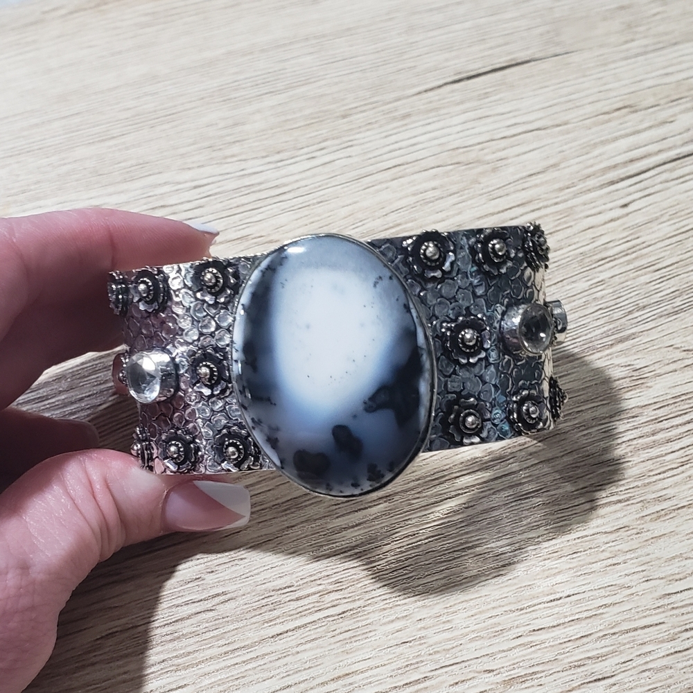 Opal bracelet, dendritic opal, 925 silver, cuff opal bracelet - Picture 4 of 13